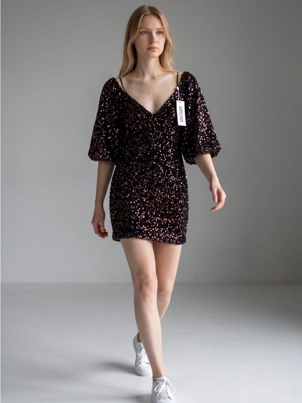 AMYLYNN Black Sequin Puff-Sleeve Mini Dress by